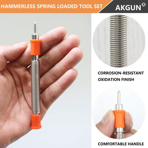 One Eighth Inch High Speed Steel Hammerless Center Punch Tool held in hand showing orange handle and steel body for precise drilling marks.