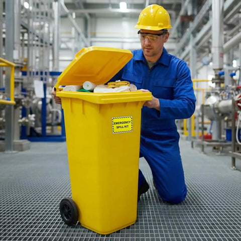 Go To Emergency Spill Kit Label Decals Pack Of Ten Five By Three And A Half Inch Vinyl Self Adhesive Waterproof Safety Signs For Industrial Hazmat Areas Clear Kit Station Notices For Fast Response And Easy Spill Location on a yellow bin in an industrial setting