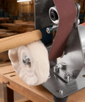 Badass Three In One Compact Belt Sander Setup With 13 Inch Sanding Strap And 2.75 Inch Grinding Wheel Combo for woodworking, showcasing sanding and buffing in use.
