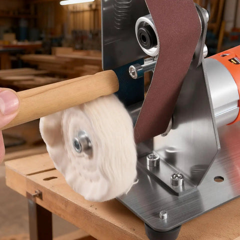 Badass Three In One Compact Belt Sander Setup With 13 Inch Sanding Strap And 2.75 Inch Grinding Wheel Combo for woodworking, showcasing sanding and buffing in use.