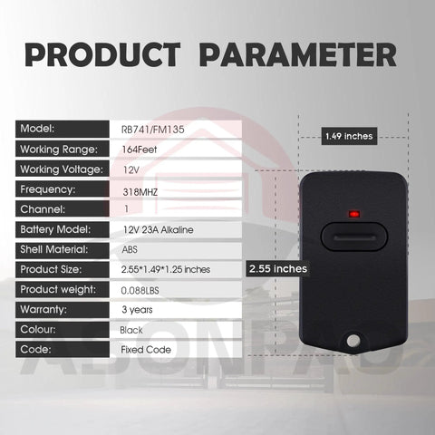 Product specifications for 3 Channel Gate Opener Remote Replacement 318MHz 9 Dip Switches 3 Positions For Mighty Mule GTO Pro Access