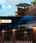 Slick Heavy Duty Solar Post Cap Lights Outdoor 12 Pack Waterproof deck lamps on wood railings, lighting all night.