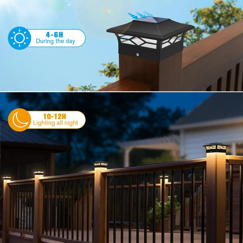 Slick Heavy Duty Solar Post Cap Lights Outdoor 12 Pack Waterproof deck lamps on wood railings, lighting all night.