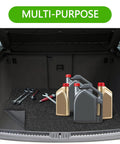 Heavy Duty Garage Floor Mat 32 By 64 Inch absorbs oil and grease, shown in a car trunk with tools and oil containers on top.