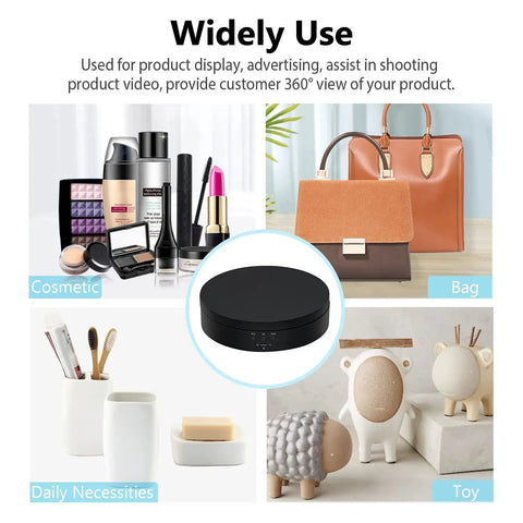 360 Degree Rotating Display Stand With Motorized Spinning Platform for photography showcasing cosmetics, bags, and toys.