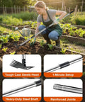Person using 70 Inch Heavy Duty 2 In 1 Weeder And Garden Hoe With Long Handle for Lawn Yard Patio and Garden Root Uprooter and Flat Edge Scraper