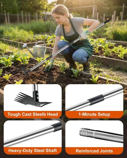 Person using 70 Inch Heavy Duty 2 In 1 Weeder And Garden Hoe With Long Handle for Lawn Yard Patio and Garden Root Uprooter and Flat Edge Scraper