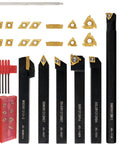 Front view of 21-piece indexable lathe turning tool set with 7 holders and 14 carbide inserts; 1/2in shank.