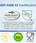 NSF/ANSI 42 certification showing water quality, BPA-free, ISO 9001, and food-grade standards for refrigerator filter cartridge.
