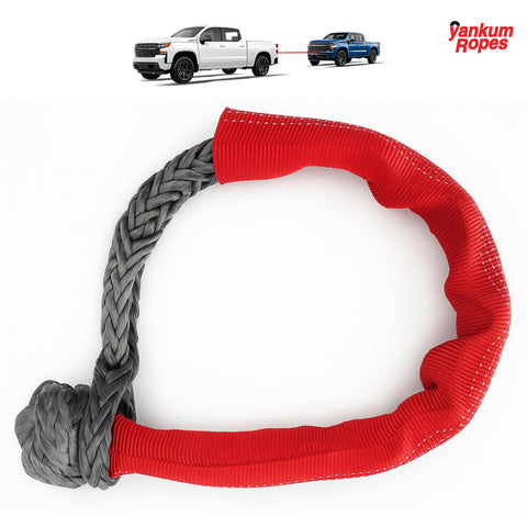 Heavy Duty Synthetic Recovery Soft Shackle With Red Chafe Sleeve Seven Sixteenth Inch Diameter MBS 45,500 Lbs For Off Road Vehicle Towing And Recovery Gear Made In USA