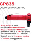 CP835 Air Nibbler Cutter with 0.177 inch punch, ergonomic design shown on white background with specs, rugged head visible