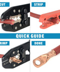 Pro Grade Lug Crimping Tool Kit For Battery Cables, 8 AWG To 4/0, showing steps to cut, strip, crimp, and complete connection.