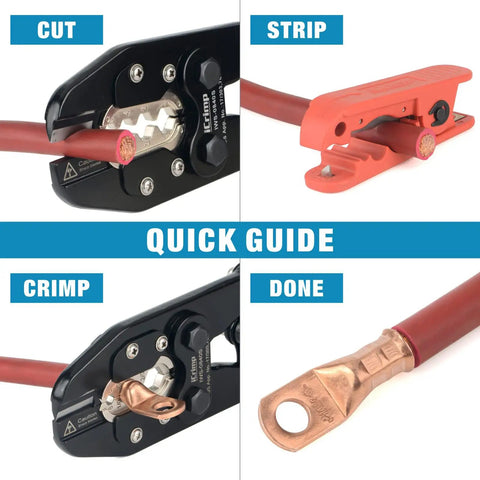 Pro Grade Lug Crimping Tool Kit For Battery Cables, 8 AWG To 4/0, showing steps to cut, strip, crimp, and complete connection.