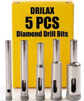 Diamond Drill Bit Set For Glass Tile And Porcelain Five Piece Kit From Three Sixteenths Inch To One Half Inch Pro Grade Smooth Cutting And Reduced Chipping Built For Home DIY Projects And Ceramic Pots And Quick Crack Free Holes displayed in front of a yellow box.