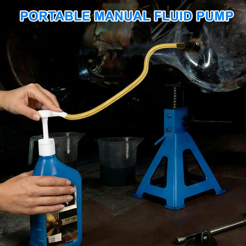 Premium Transmission Fluid Pump For Standard Quart Bottles, 8cc Per Stroke in use with flexible tubing and 19-inch hose