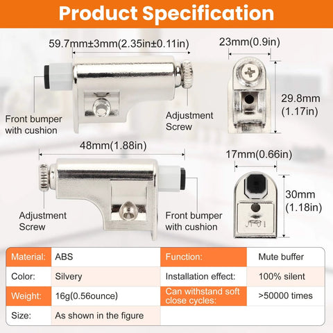 Product specifications for 5 Pcs Soft Close Damper For Cabinet Doors And Wardrobe Doors, showing dimensions and material.