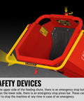 Close-up of 6 Inch Wood Chipper Shredder Mulcher Powered By ZONSEN 459cc with safety devices, emergency stop button and bar.
