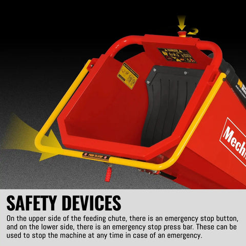 Close-up of 6 Inch Wood Chipper Shredder Mulcher Powered By ZONSEN 459cc with safety devices, emergency stop button and bar.