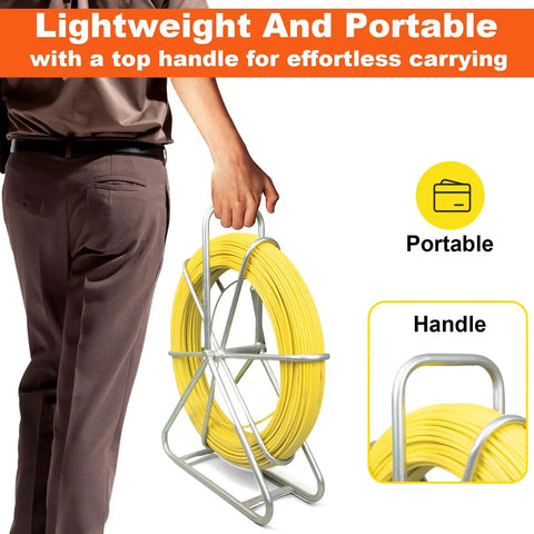 Person carrying Heavy Duty Pro Grade Fiberglass Duct Rodder Fish Tape 6mm x 500ft with durable steel stand