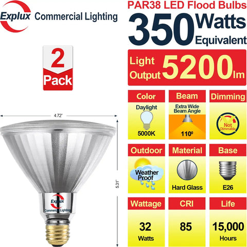 350 Watt Equivalent PAR38 LED Flood Light Bulb Mega Bright 5200 Lumens For Ultra Bright Outdoor Use Daylight 5000K specifications