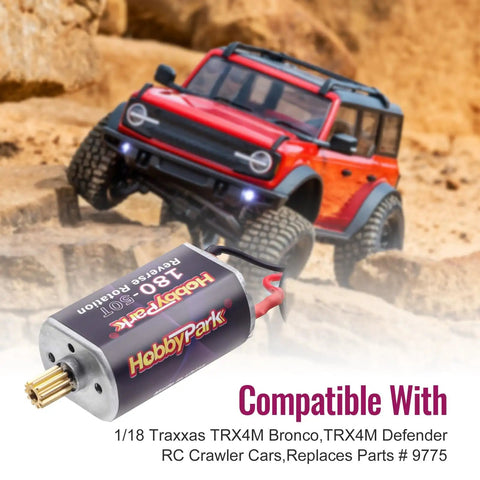 Red RC car on rocky terrain with Beefy Torque 180 50T Brushed RC Motor With 11T Pinion Gear Included For Traxxas TRX4M 1 By 18 Scale Crawler Upgrades
