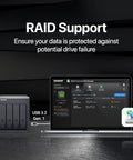 4 Bay Usb Type C Direct Attached Storage Enclosure Featuring Rock Solid Hardware Raid Support Plug And Play External Drive Expansion For Heavy Duty Workstations Ready To Roll connected to a laptop showing RAID management.
