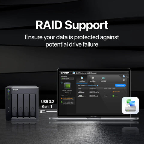 4 Bay Usb Type C Direct Attached Storage Enclosure Featuring Rock Solid Hardware Raid Support Plug And Play External Drive Expansion For Heavy Duty Workstations Ready To Roll connected to a laptop showing RAID management.