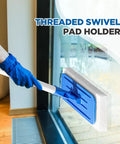 Six-Piece Threaded Swivel Scrub Pad Holder Set With Pads, Heavy-Duty Floor Pad Holders For Commercial Cleaning, Versatile Blue 9 X 3.75 Inch, Built Tough For Contractors And Home Use, Durable Construction For Heavy Scrubbing blue swivel pad holder on glass wall