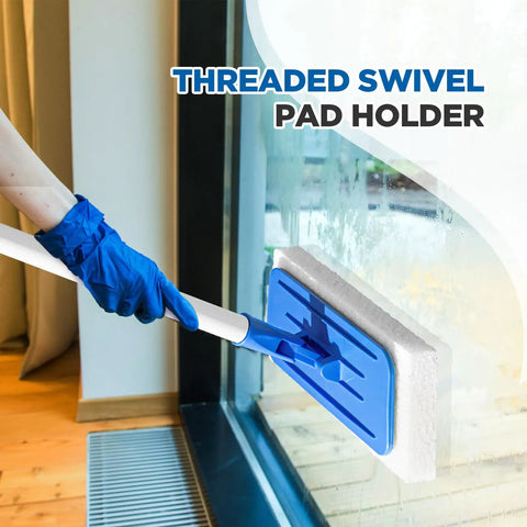 Six-Piece Threaded Swivel Scrub Pad Holder Set With Pads, Heavy-Duty Floor Pad Holders For Commercial Cleaning, Versatile Blue 9 X 3.75 Inch, Built Tough For Contractors And Home Use, Durable Construction For Heavy Scrubbing blue swivel pad holder on glass wall