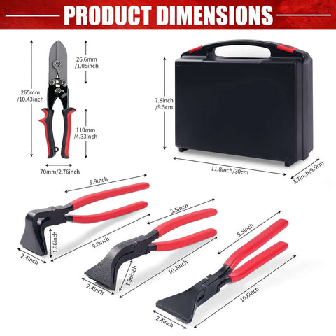 Pro Grade HVAC Sheet Metal Tools Set dimensions with 10.5 inch 5-blade crimping tool, 3-piece hand seamers, and carrying case