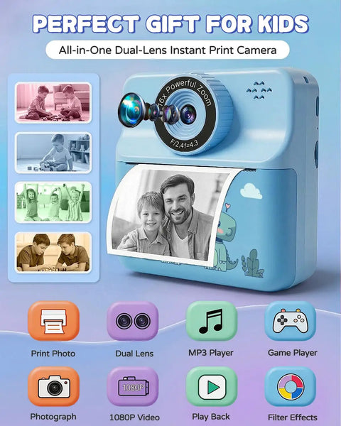 Kids Instant Print Camera With Carrying Case And 32GB SD Card, Selfie Ready Digital Toy For Ages 3 To 12, Five Color Printing Red Blue Green Orange Black And White, Includes 6 Rolls Paper And Portable Gift For Christmas Or Birthday