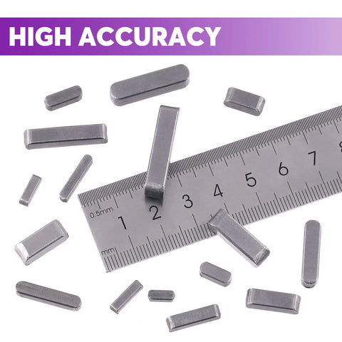 Heavy Duty Pro Grade Key Stock Set With 140 Pcs In 16 Sizes 3mm 4mm 5mm 6mm Carbon Steel Round Ended Feather Keys And Parallel Drive Shaft Keys For Fasteners And Mechanical Projects In A Convenient Storage Box For Shop Garage Or Workshop displayed with a ruler for scale