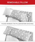 Cozy Toddler Nap Mat With Removable Pillow And Fleece Minky Blanket Grey, showing removable pillow detail, 21 by 50 inches.