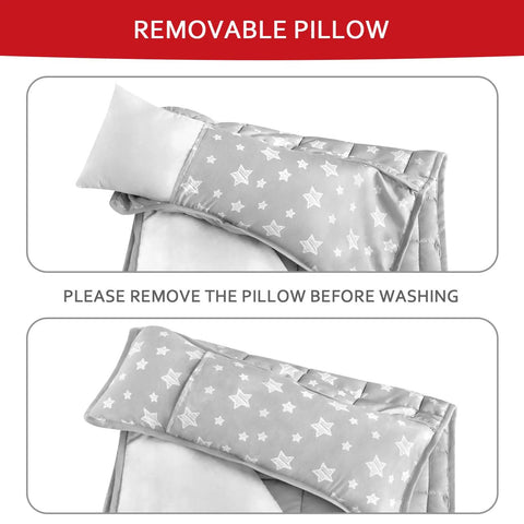 Cozy Toddler Nap Mat With Removable Pillow And Fleece Minky Blanket Grey, showing removable pillow detail, 21 by 50 inches.