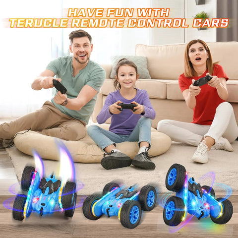 Family playing with Lit Remote Control Drift Car With Strip Lights And Headlights 360 Degree Double Sided Rotating 4WD Stunt RC Truck