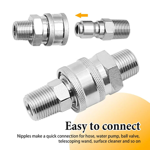 Two Pack One Quarter Inch NPT Quick Connect Couplers in Stainless Steel for Pressure Washers, Heavy Duty Design