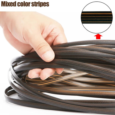 Smooth Out Your Backyard With This Top Shelf 120 Ft Wicker Repair Kit And Nifty Gradient Dark Brown Synthetic Rattan Strips For Quick Patio Furniture Fixes Without Any Major Hiccups Today, showing someone's hand holding mixed color synthetic rattan strips.