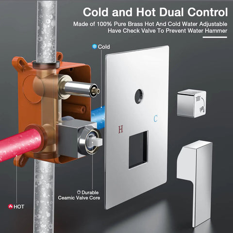 Cold and hot dual control valve of High Pressure 10 Inch Square Rain Shower System With Wall Mount Rain Head Hand Sprayer Rough In Valve Trim Kit Bathroom Mixer Shower Combo Durable Lead Free Construction And Corrosion Resistant Finish.