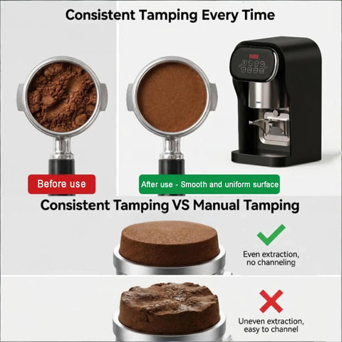 Before and after electric tamper use, showing ground coffee consistency using Robust 58 Mm Electric Coffee Tamper Providing Spot On Ten To Thirty Kilogram Pressure And Adjusted Timing Sequences For Bullseye Shots And Legit Barista Level Pulls At Home Or Shop In Bronze.