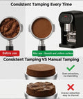Electric Coffee Tamper demonstration showing before and after use, highlighting consistent tamping quality for espresso pulls.