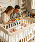 Parents playing with baby in crib using Cot Rail Protector Two Piece Set Breathable Cotton Gauze With Adjustable Straps.