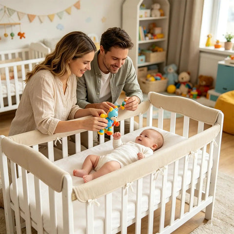 Parents playing with baby in crib using Cot Rail Protector Two Piece Set Breathable Cotton Gauze With Adjustable Straps.