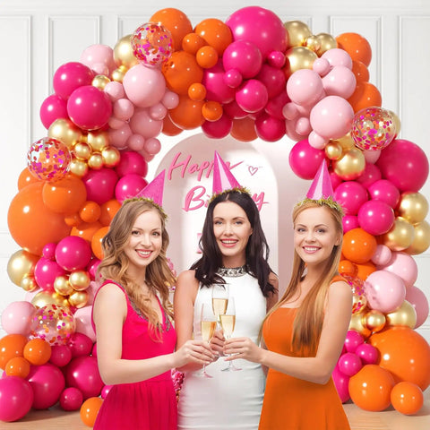 Hot Pink And Orange Balloon Arch Kit With Metallic Gold Confetti Balloons For Weddings Baby Showers And Birthday Parties