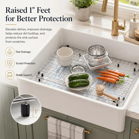 Heavy Duty Stainless Steel Kitchen Sink Grid Protector With Rear Drain Layout And Secure Hole Plug Fits Single Bowl Basins in a kitchen sink.