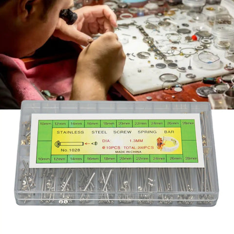 Watchmaker using the 200 Pcs Watch Screw Tube Kit With 10 Sizes 1.3mm Width, Professional Watch Band Pins Set in workshop.