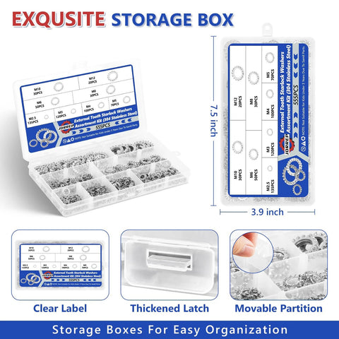 Front view of a 555-piece 304 stainless steel external tooth lock washer kit in a clear storage box with 8 sizes (M2.5–M12).