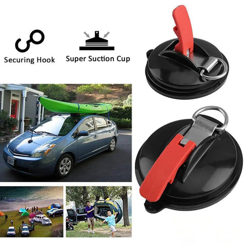 Beefy Heavy Duty Vacuum Suction Cup Anchor for car mounts with securing hook, shown on car with kayak, made of ABS, PVC, and metal.