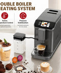Top Shelf Fully Automatic Espresso Machine With Double Boiler And Built In Grinder displays a digital interface and coffee drinks.