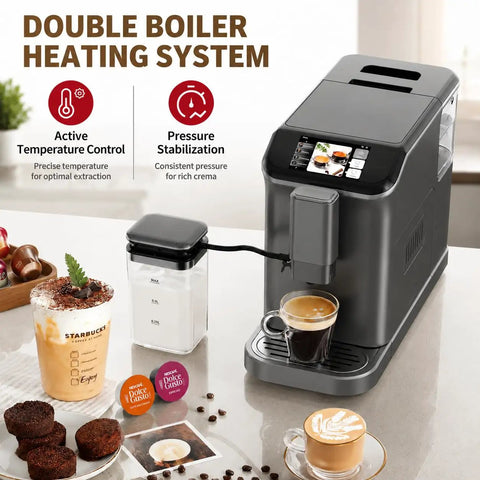 Top Shelf Fully Automatic Espresso Machine With Double Boiler And Built In Grinder displays a digital interface and coffee drinks.