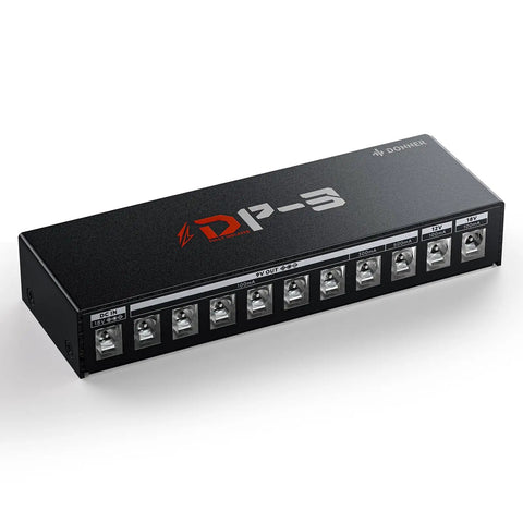 DP 3 Multi Output Guitar Pedal Power Supply With 10 Isolated DC Outputs For 9V 12V And 18V Effects Pedals Stable Pure Tone Performance Durable Pedalboard Power Hub For Your Studio Rig Rehearsals And Live Gigs viewed from front angle